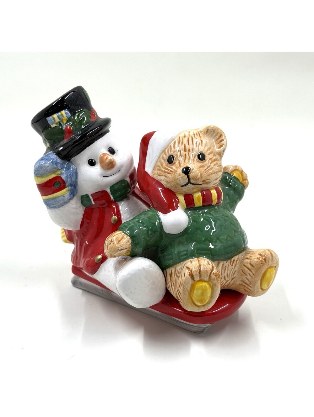 Vintage 1990’s Snowman & Little Bear Sledding Salt & Pepper Shakers Christmas
